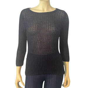 Talbots Sz S Pullover Sweater Long Sleeve Boat Neck Mesh Open Knit Navy Blue